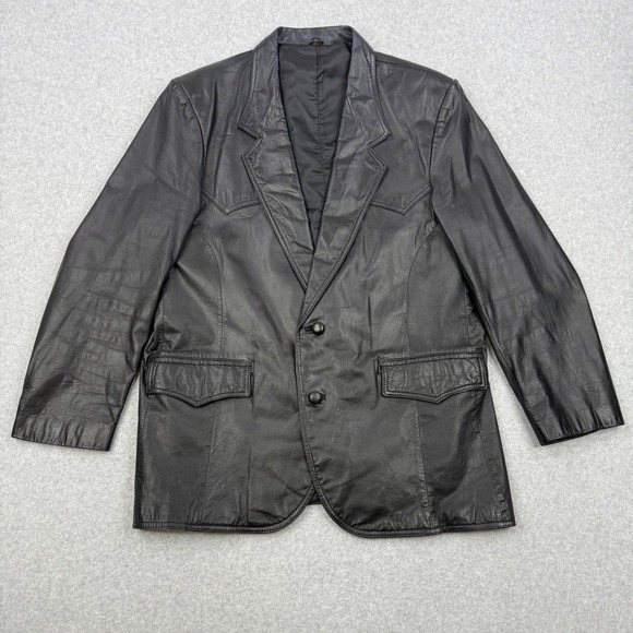 Vintage Pioneer Wear Blazer Mens 46 Black 100% Grain Leather Sport Coat Western